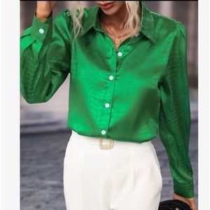 Satin Puff Sleeve Shirt Green